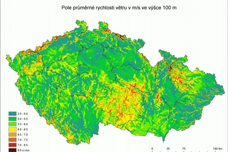 Větrná mapa České republiky ve výšce 100 m dle Ústavu fyziky atmosféry AV ČR,