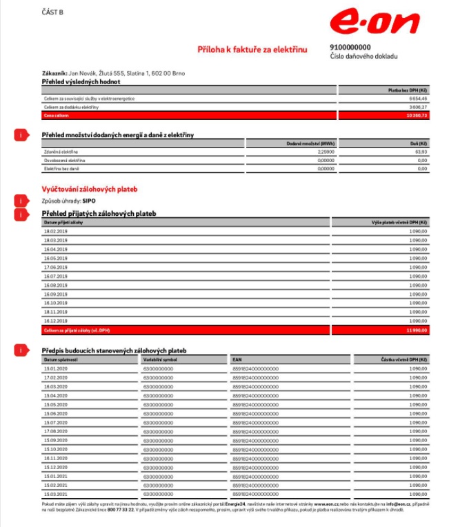 Faktura za elektřinu od společnosti EON